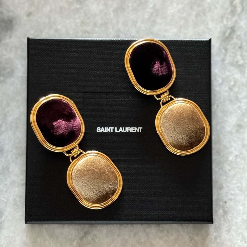 SAINT LAURENT TWIN-SQUARE EARRINGS IN VELVET AND METAL